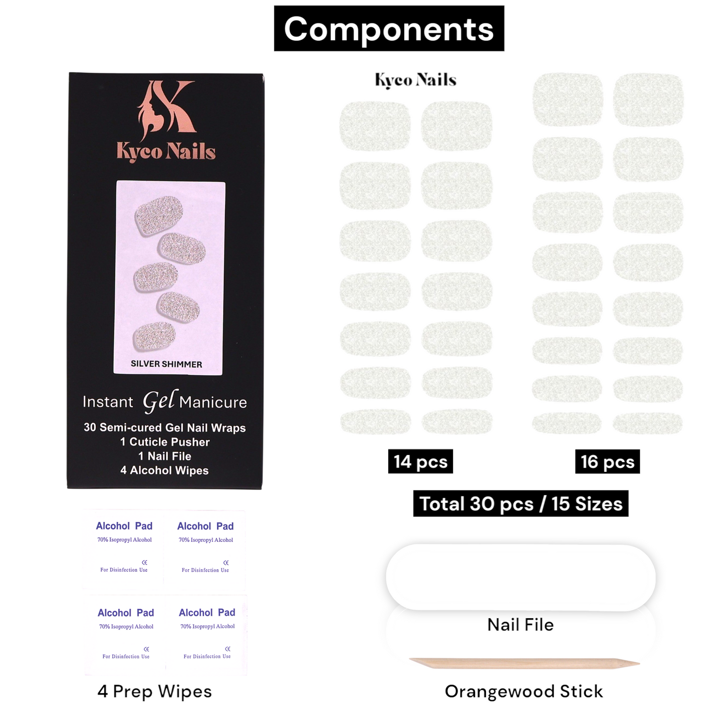 SILVER SHIMMER Gel Polish Wraps 30 Pack
