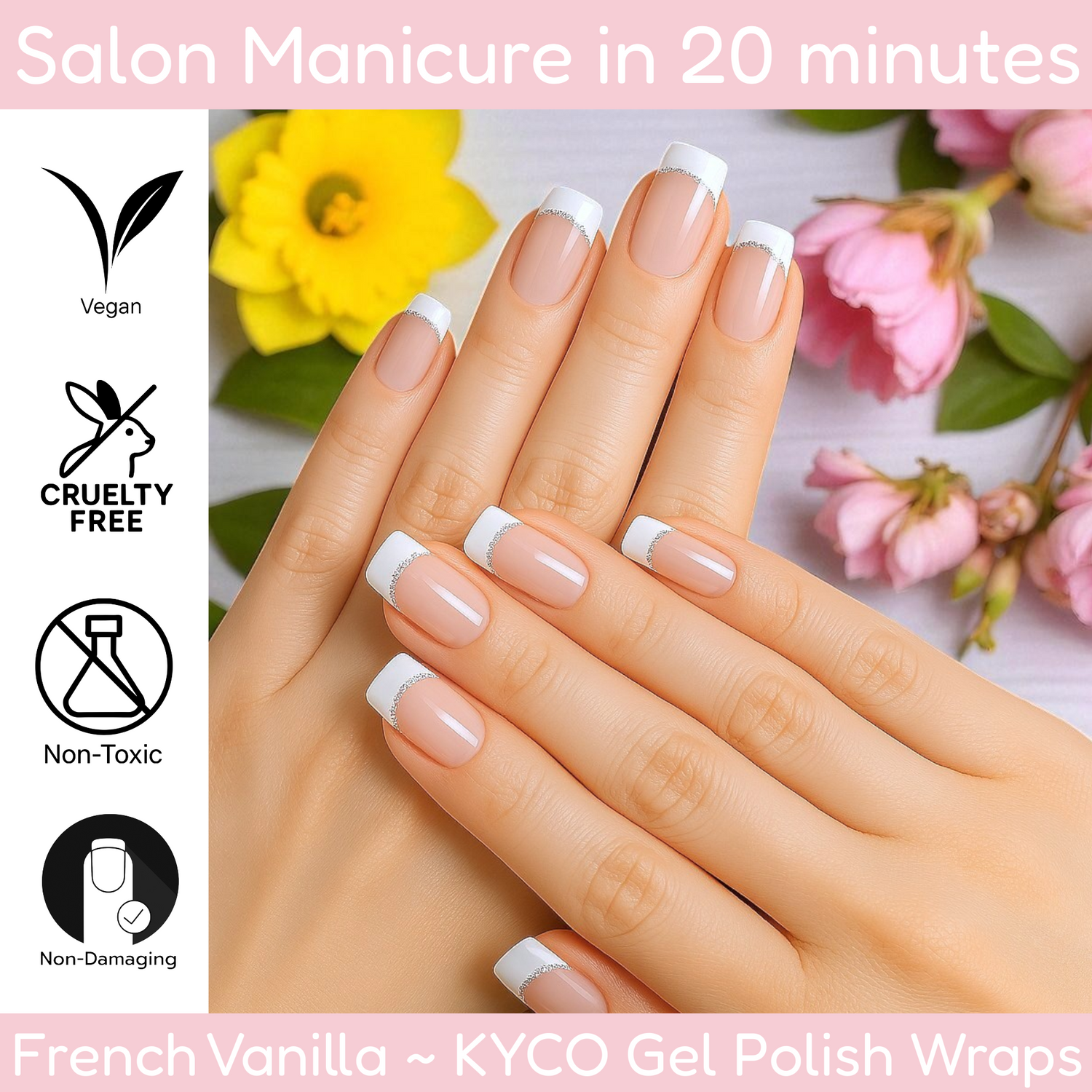 French Vanilla gel polish wraps are a refined twist on the timeless French manicure. These wraps feature crisp white tips accented by a delicate silver line, adding a subtle shimmer that catches the light with every gesture.