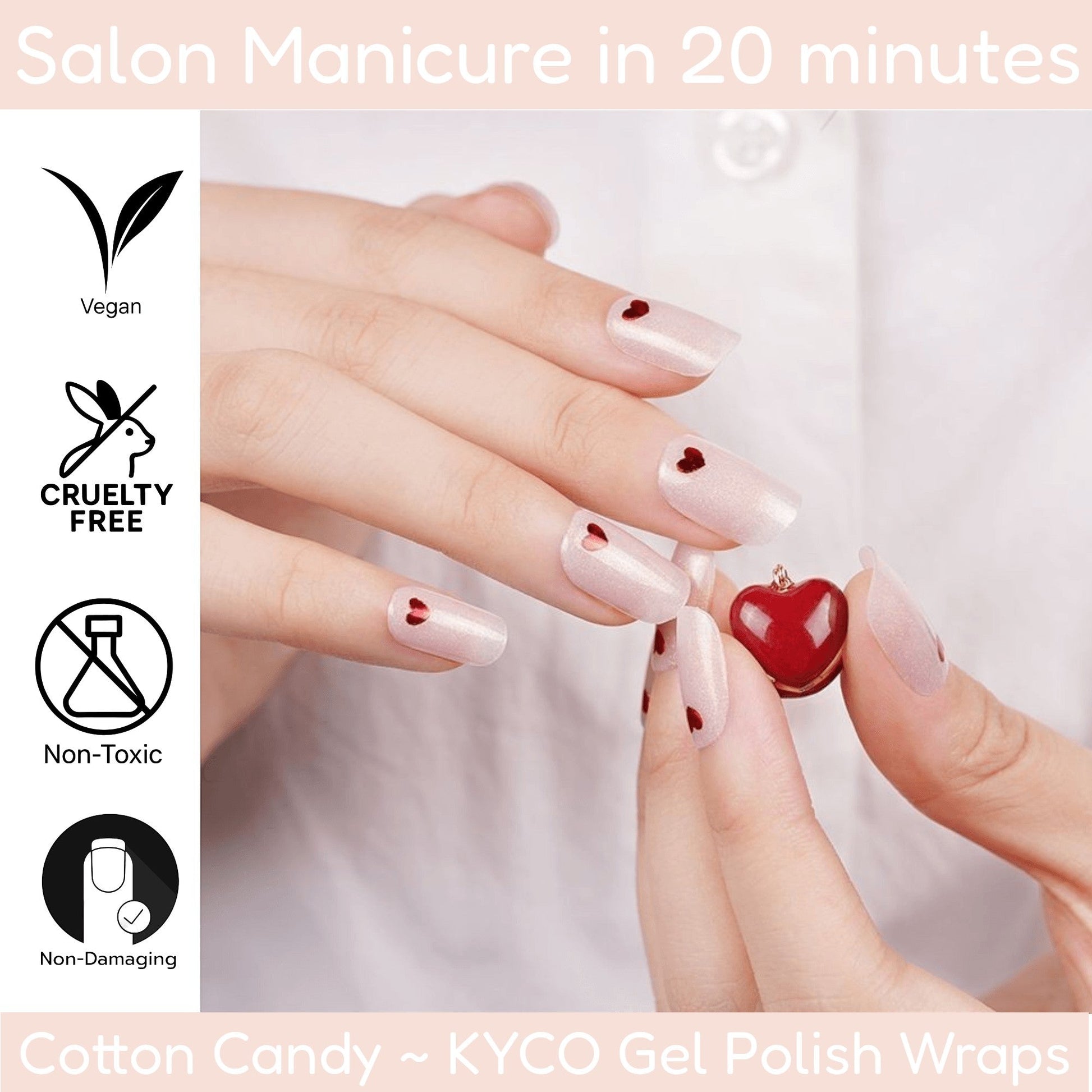 Kyco Nails Cotton Candy soft pink gel nail wraps with small red heart accents. Salon manicure in 20 minutes.