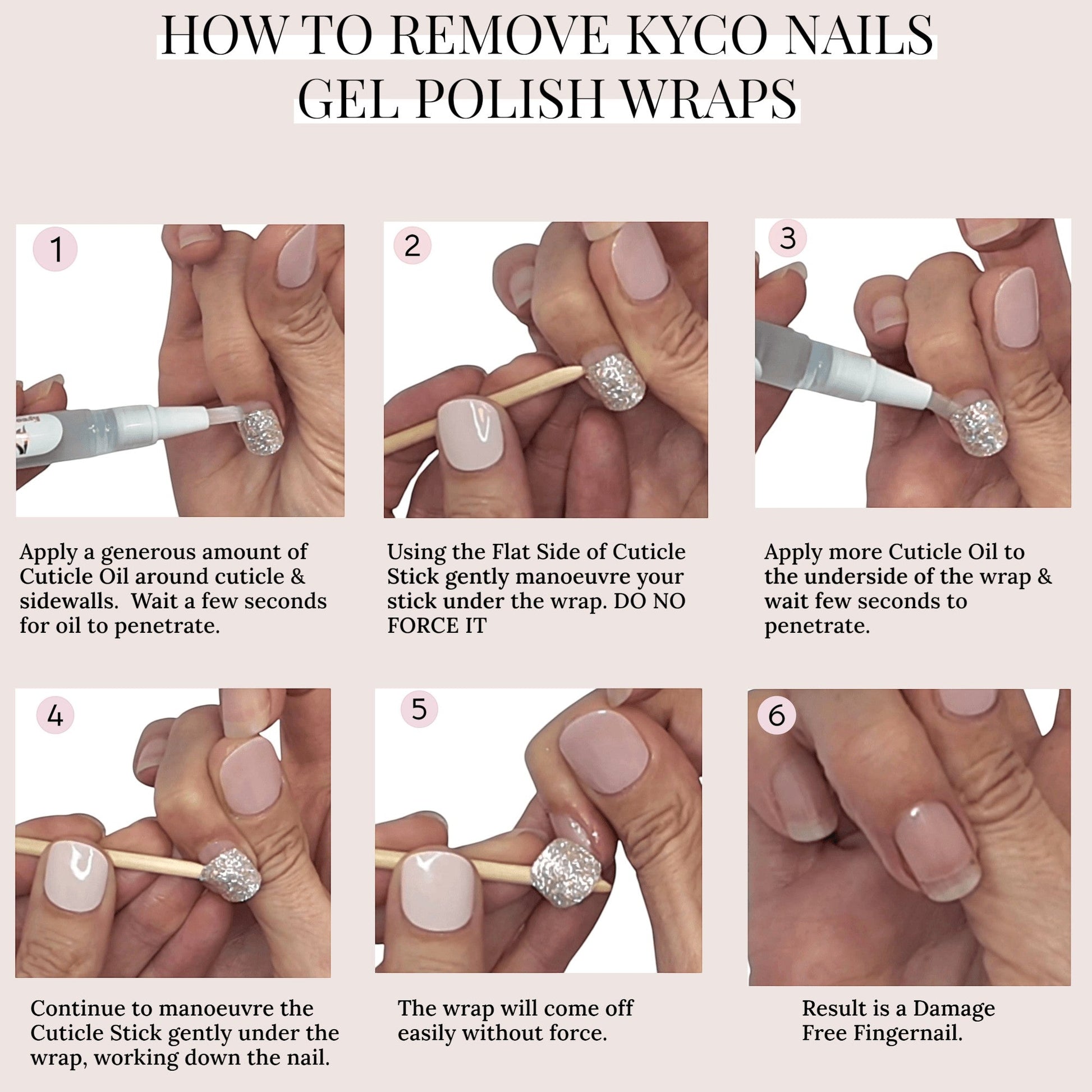 Kyco Nails Cotton Candy soft pink heart gel nail wraps, showing application and removal steps.