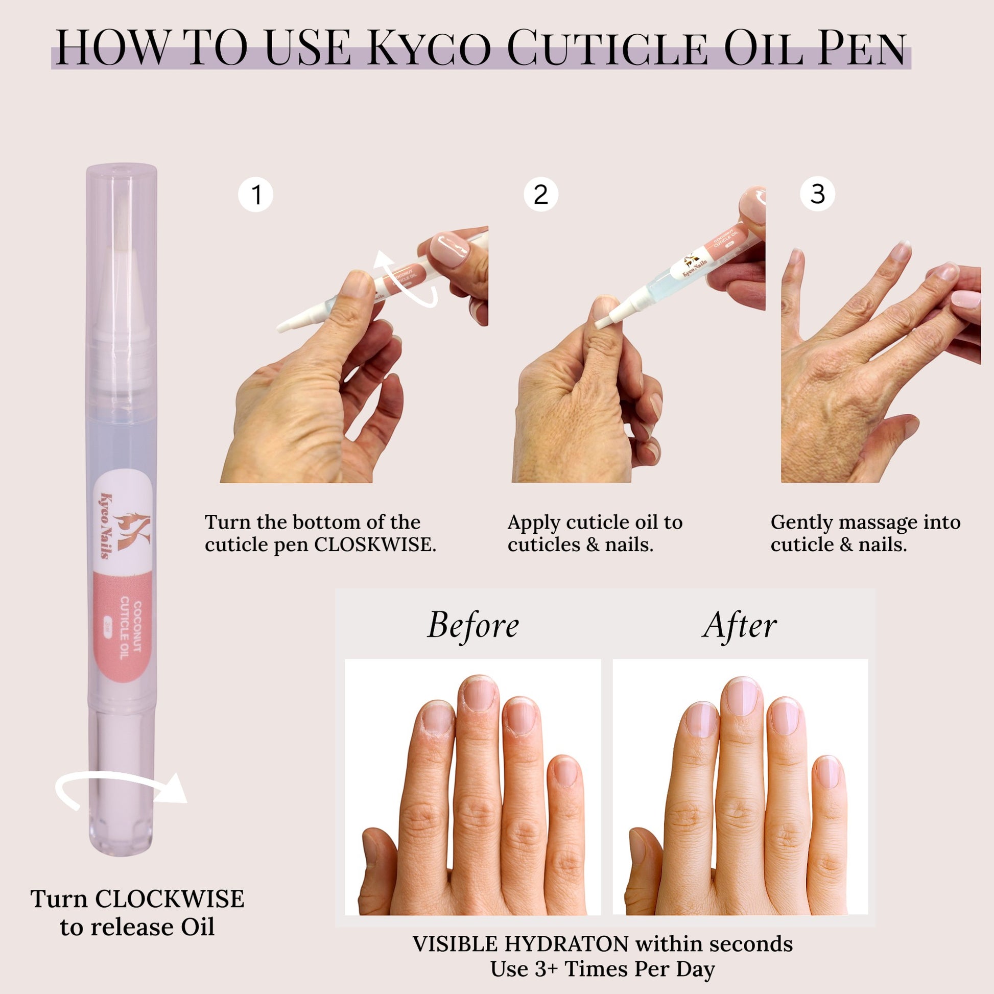 Kyco Nails coconut cuticle oil pen for sealing, smoothing, and nourishing nails. Before and after images show hydration.