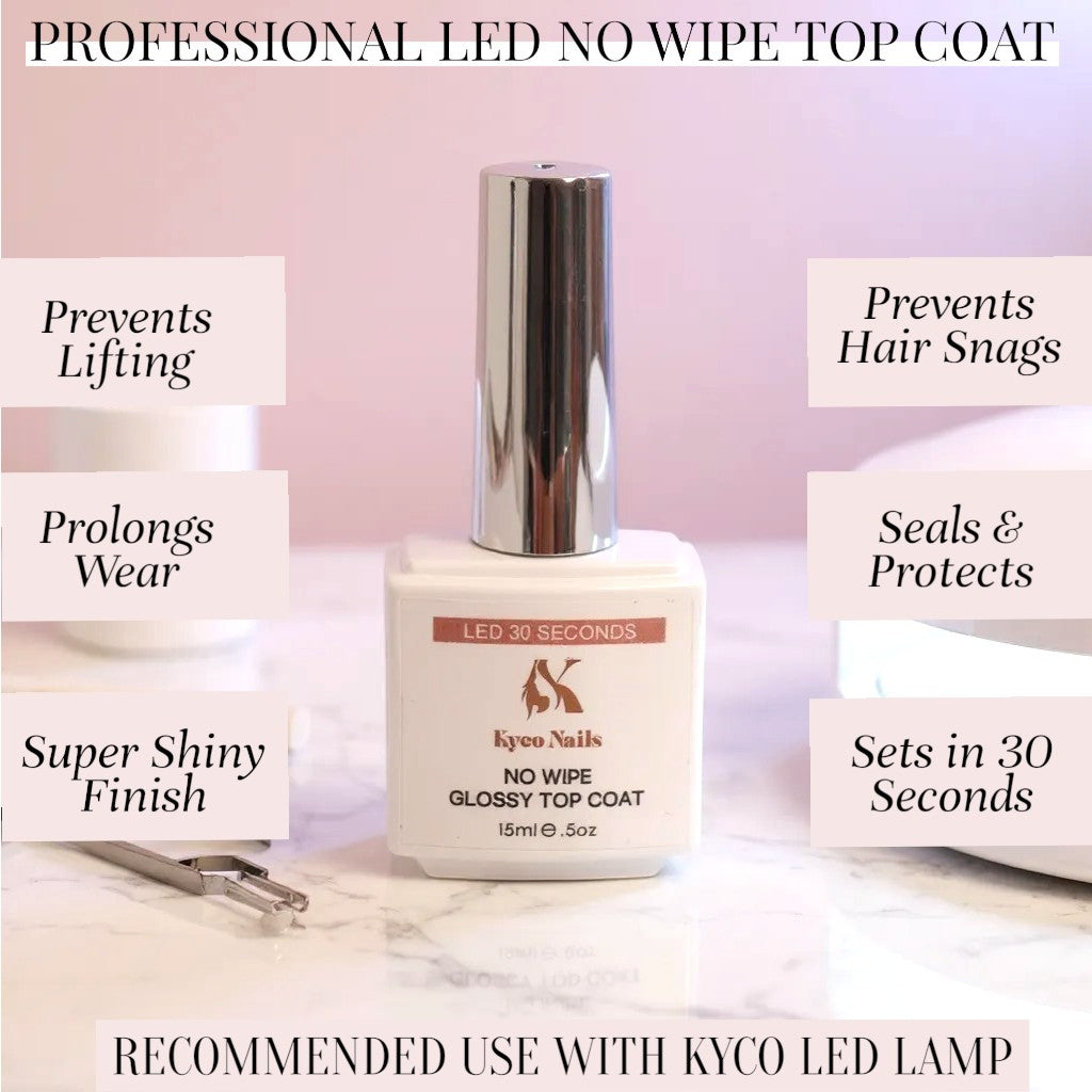 Kyco Nails No Wipe Glossy Top Coat bottle, seals and protects gel wraps for a super shiny finish.