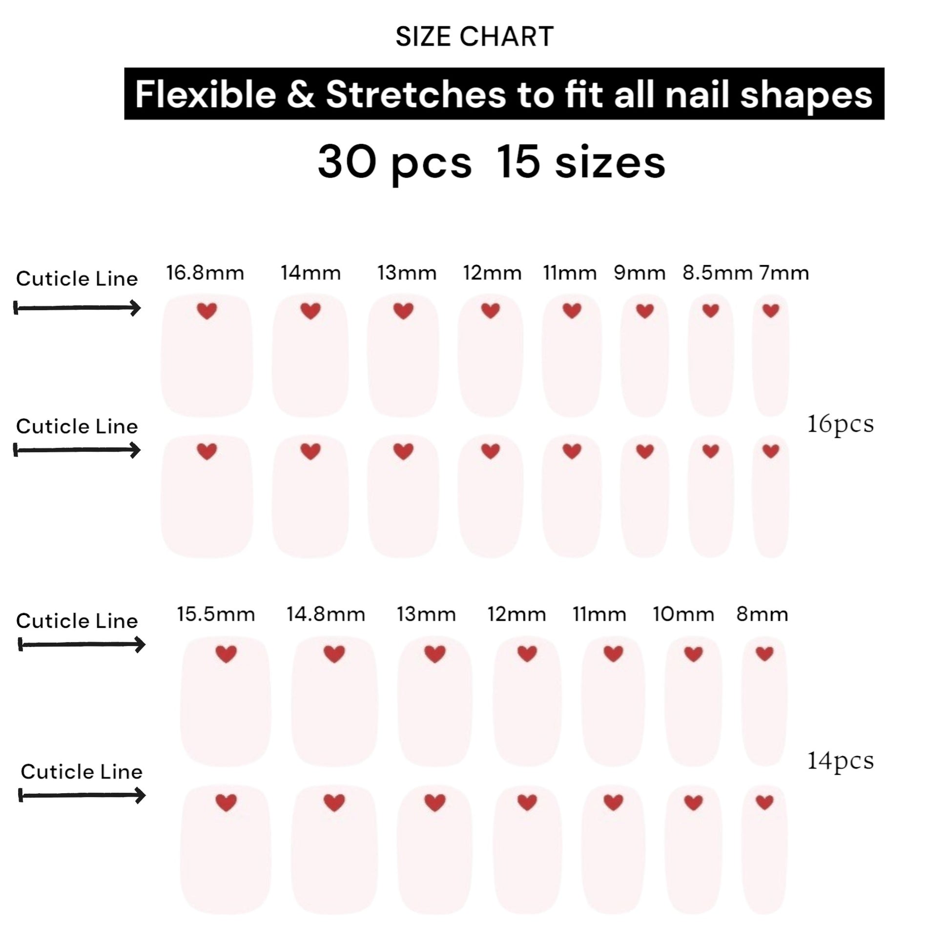 Kyco Nails Cotton Candy soft pink gel nail wraps with a red heart design. Size chart showing 30 wraps in 15 sizes.