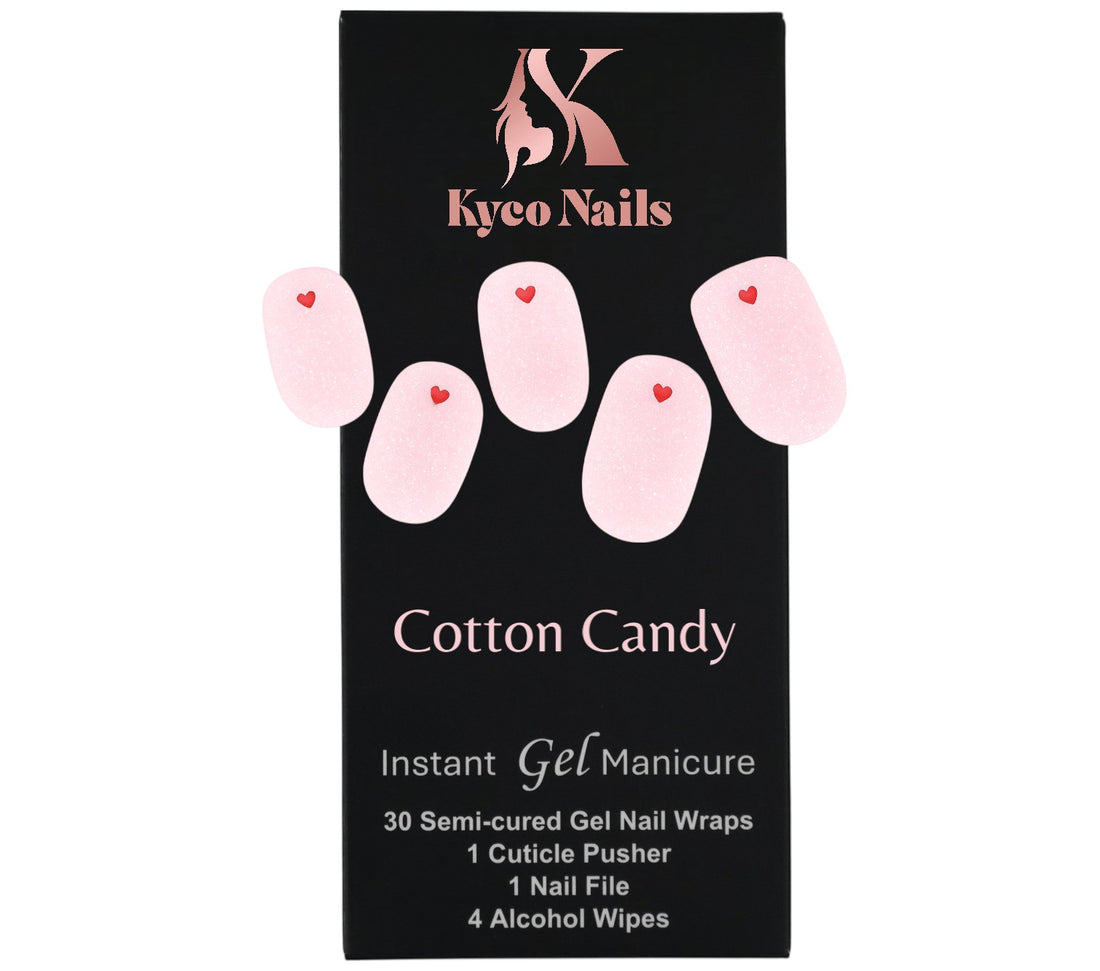 Kyco Nails Cotton Candy soft pink gel nail wraps with a small red heart detail. Easy application, 2+ weeks wear.