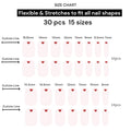 Kyco Nails Cotton Candy soft pink gel nail wraps with a red heart design. Size chart showing 30 wraps in 15 sizes.