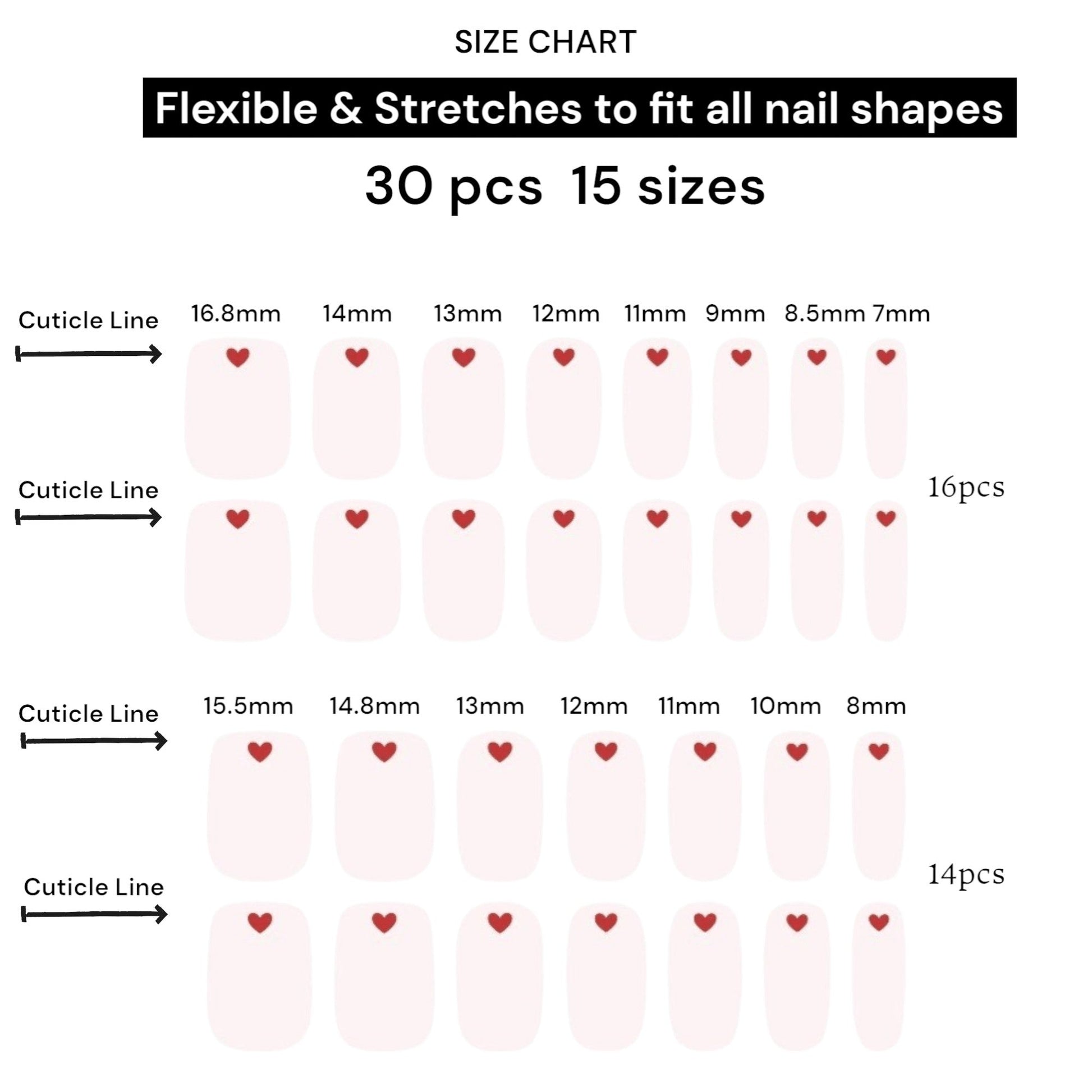 Kyco Nails Cotton Candy soft pink gel nail wraps with a red heart design. Size chart showing 30 wraps in 15 sizes.