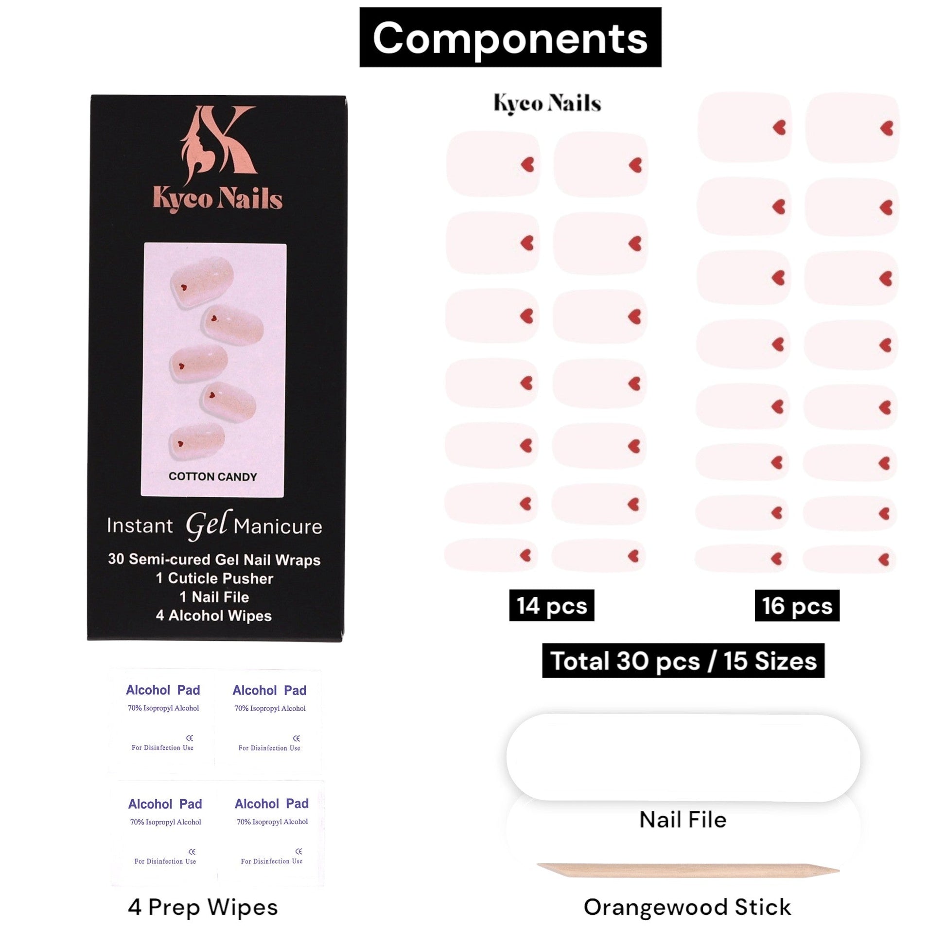 Kyco Nails Cotton Candy soft pink gel nail wraps with a small red heart detail. Includes 30 wraps and application tools.