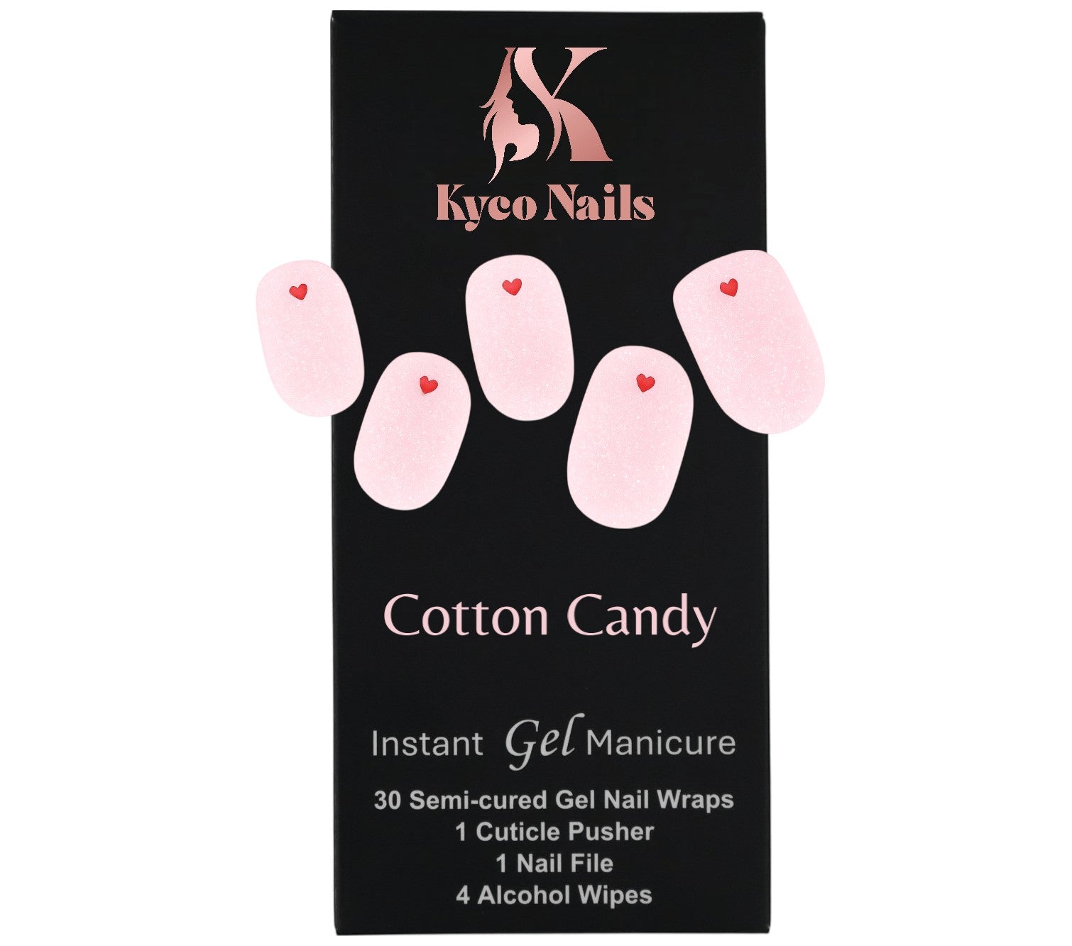 Kyco Nails Cotton Candy soft pink gel nail wraps with a small red heart detail. Easy application, 2+ weeks wear.