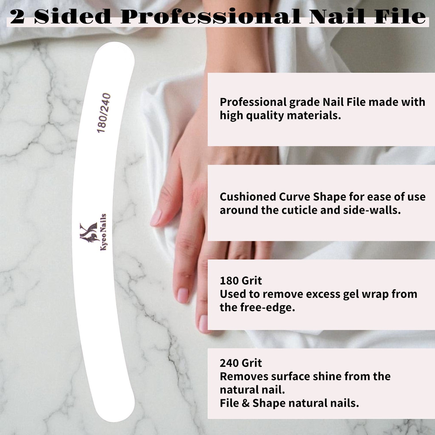 Kyco Nails white 2-sided professional nail file with 180/240 grit for shaping and smoothing gel wraps and natural nails.