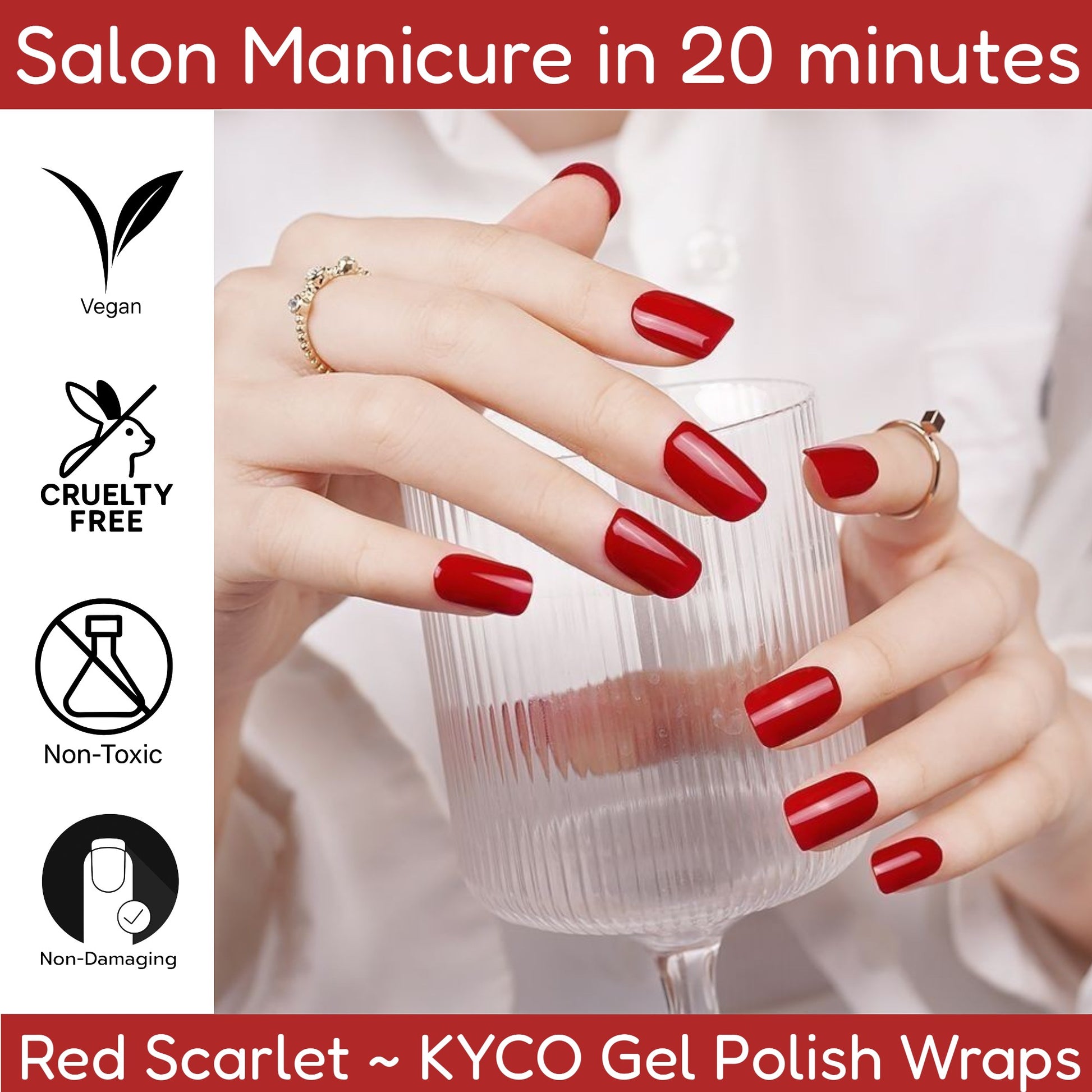 Kyco Nails Red Scarlet semi-cured gel nail wraps on a woman's hands, featuring a classic red glossy finish and comfortable fit.