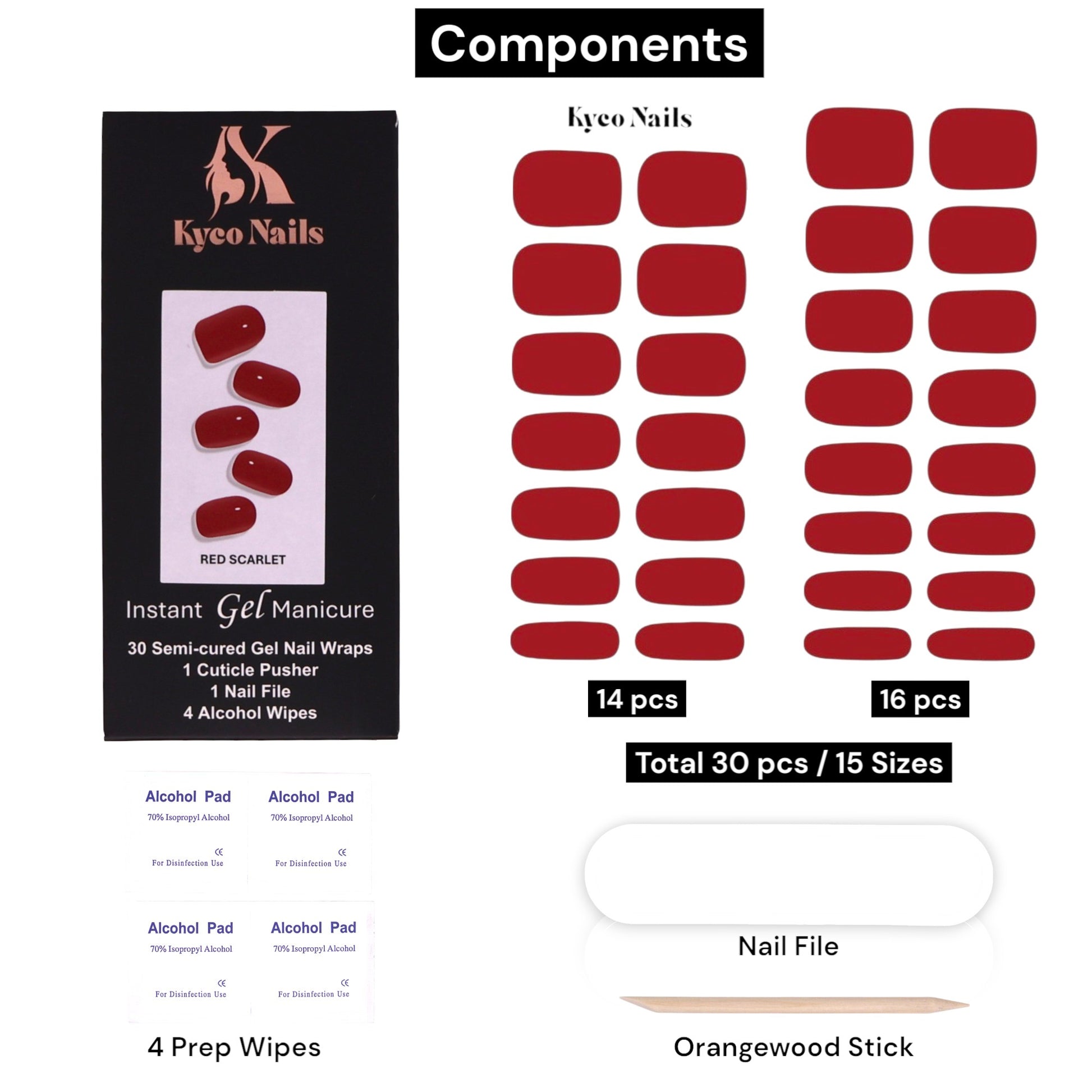 Kyco Nails Red Scarlet semi-cured gel nail wraps, classic red, 30 wraps in 15 sizes, includes file, pusher, and wipes.