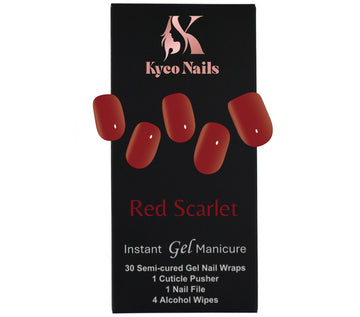 Kyco Nails Red Scarlet semi-cured gel nail wraps in a classic red shade. Includes 30 wraps, file, pusher, and wipes.