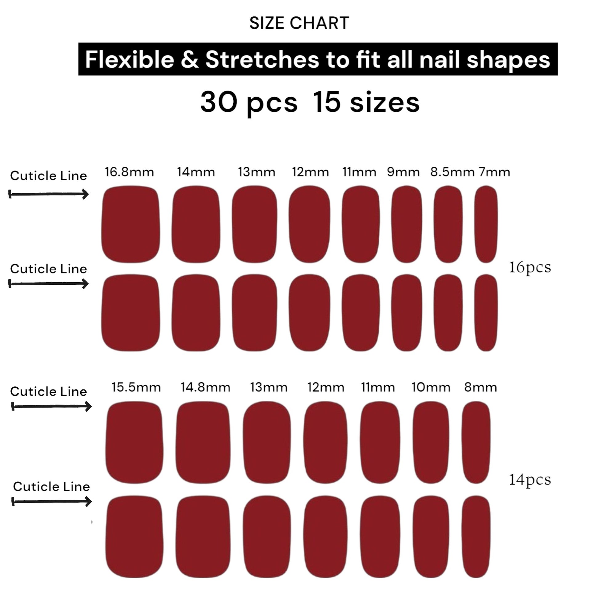Kyco Nails Red Scarlet semi-cured gel nail wraps in a size chart showing 30 wraps in 15 sizes.