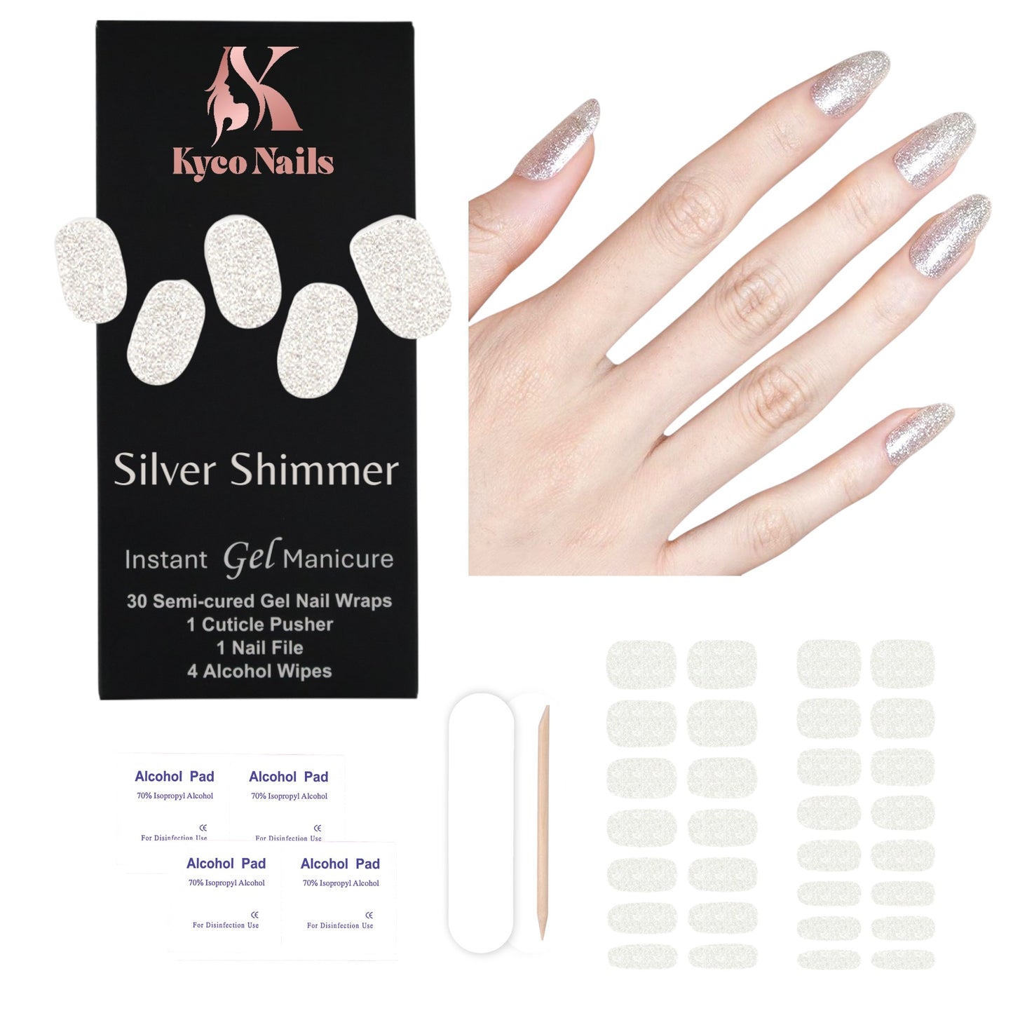 SILVER SHIMMER Gel Polish Wraps 30 Pack